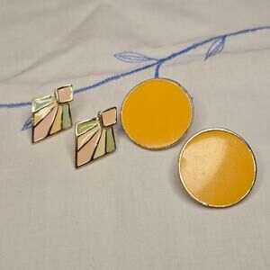 Lot of Two Pairs Vintage Yellow and Pastel Geometric Stud Earrings Estate Jewel